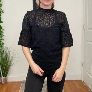 Nightcap Bell Sleeve Floral Lace Blouse Mock Neck Size S Black